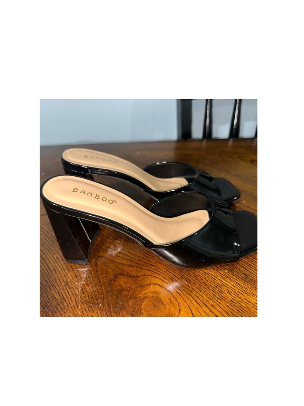 Women’s “BAMBOO” black Heels - Size 8 Open Toe Patent Leather Slip On